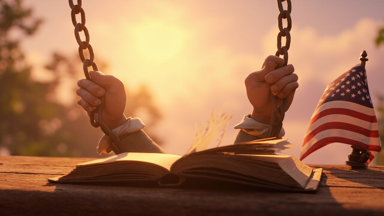 Hands breaking free from a chain beside an open Bible on a porch table at dawn