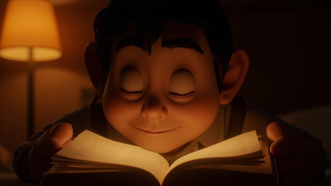 A person reading a small Bible by warm lamplight late at night, looking calm