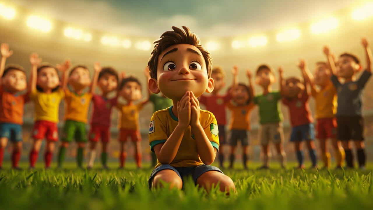 A young soccer player kneeling in joyful prayer on the field
