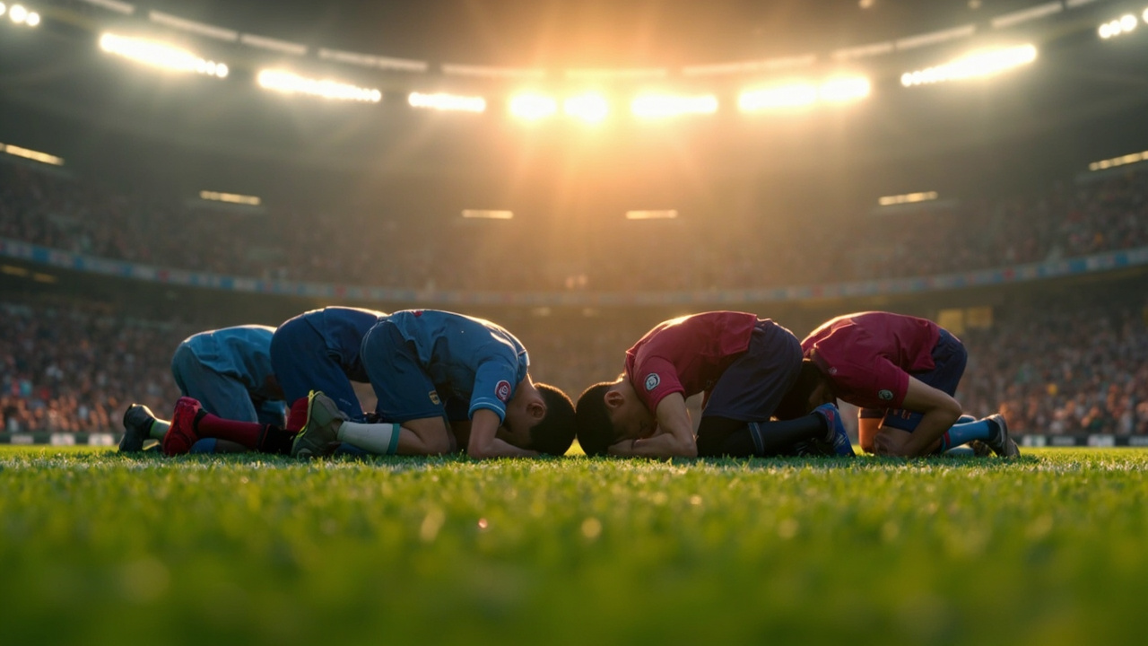 Two soccer teams kneeling together in prayer at midfield under stadium lights